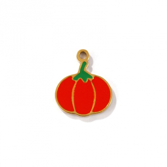 Picture of 2 PCs Eco-friendly PVD Vacuum Plating 304 Stainless Steel Charms 18K Gold Plated Red Pumpkin Enamel 14mm x 12mm