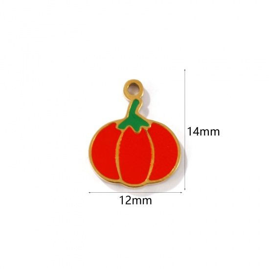 Picture of 2 PCs Eco-friendly PVD Vacuum Plating 304 Stainless Steel Charms 18K Gold Plated Red Pumpkin Enamel 14mm x 12mm