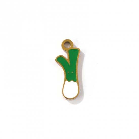 Picture of 2 PCs Eco-friendly PVD Vacuum Plating 304 Stainless Steel Charms 18K Gold Plated White & Green Shallot Shape Enamel 14mm x 6mm