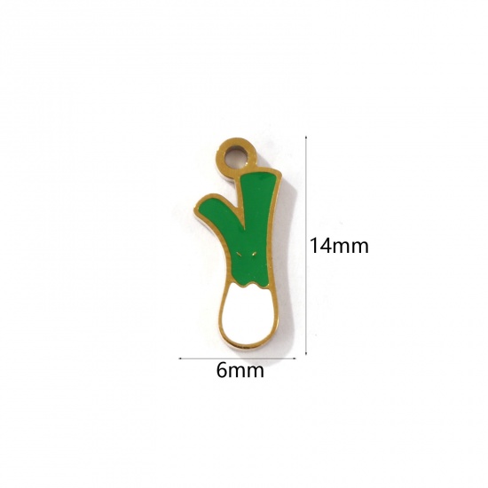 Picture of 2 PCs Eco-friendly PVD Vacuum Plating 304 Stainless Steel Charms 18K Gold Plated White & Green Shallot Shape Enamel 14mm x 6mm