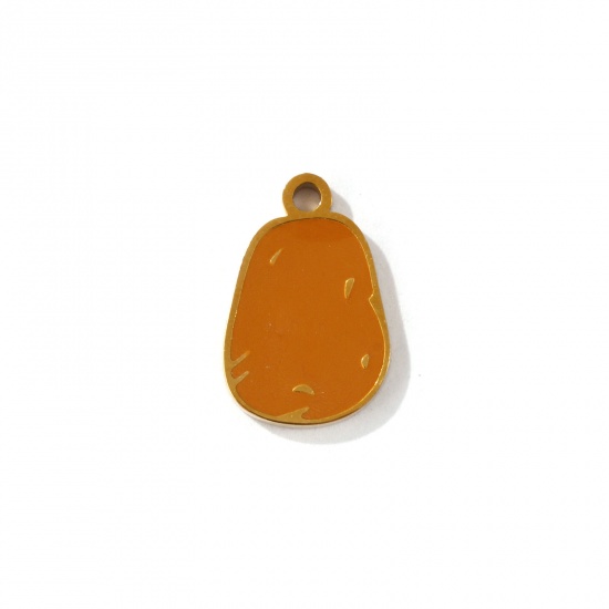 Picture of 2 PCs Eco-friendly PVD Vacuum Plating 304 Stainless Steel Charms 18K Gold Plated Brown Hyacinth Bean Enamel 14mm x 9mm