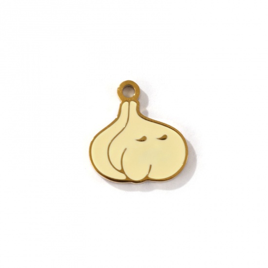 Picture of 2 PCs Eco-friendly PVD Vacuum Plating 304 Stainless Steel Charms 18K Gold Plated Beige Garlic Enamel 13mm x 12mm