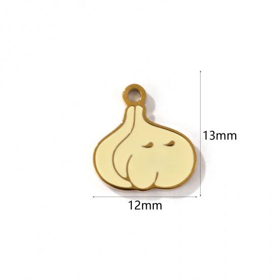 Picture of 2 PCs Eco-friendly PVD Vacuum Plating 304 Stainless Steel Charms 18K Gold Plated Beige Garlic Enamel 13mm x 12mm