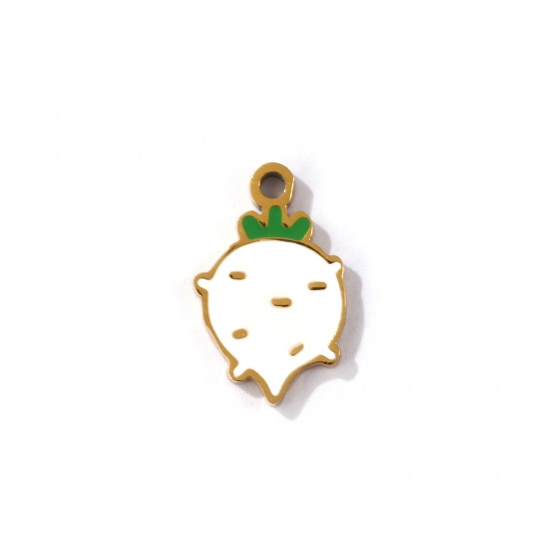 Picture of 2 PCs Eco-friendly PVD Vacuum Plating 304 Stainless Steel Charms 18K Gold Plated White Radish Enamel 14mm x 9mm