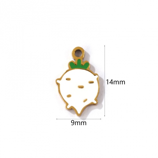 Picture of 2 PCs Eco-friendly PVD Vacuum Plating 304 Stainless Steel Charms 18K Gold Plated White Radish Enamel 14mm x 9mm