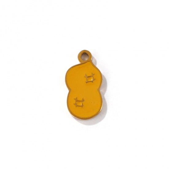 Picture of 2 PCs Eco-friendly PVD Vacuum Plating 304 Stainless Steel Charms 18K Gold Plated Light Brown Peanut Enamel 14mm x 7.5mm