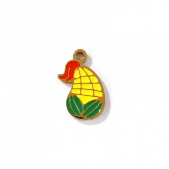 Picture of 2 PCs Eco-friendly PVD Vacuum Plating 304 Stainless Steel Charms 18K Gold Plated Multicolor Corn Enamel 14mm x 9mm