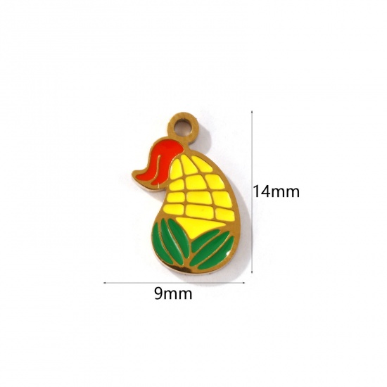Picture of 2 PCs Eco-friendly PVD Vacuum Plating 304 Stainless Steel Charms 18K Gold Plated Multicolor Corn Enamel 14mm x 9mm