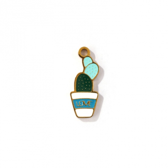 Image de 2 Pcs Breloques en 304 Acier Inoxydable Revêtement sous Vide PVD Respectueux de l'Environnement Collection Végétale Plaqué Or 18K Blanc & Vert Plante en Pot Love Émail 16.5mm x 7mm