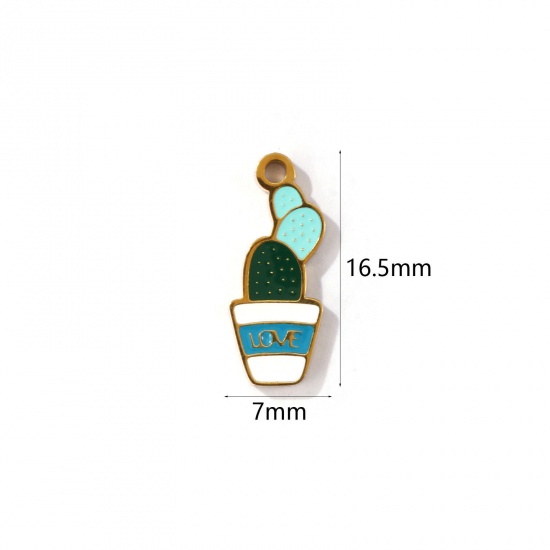 Image de 2 Pcs Breloques en 304 Acier Inoxydable Revêtement sous Vide PVD Respectueux de l'Environnement Collection Végétale Plaqué Or 18K Blanc & Vert Plante en Pot Love Émail 16.5mm x 7mm