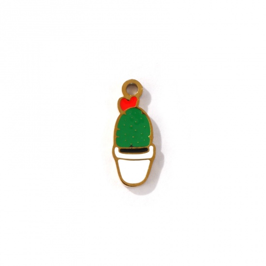 Image de 2 Pcs Breloques en 304 Acier Inoxydable Revêtement sous Vide PVD Respectueux de l'Environnement Collection Végétale Plaqué Or 18K Blanc & Vert Plante en Pot Émail 14mm x 6mm