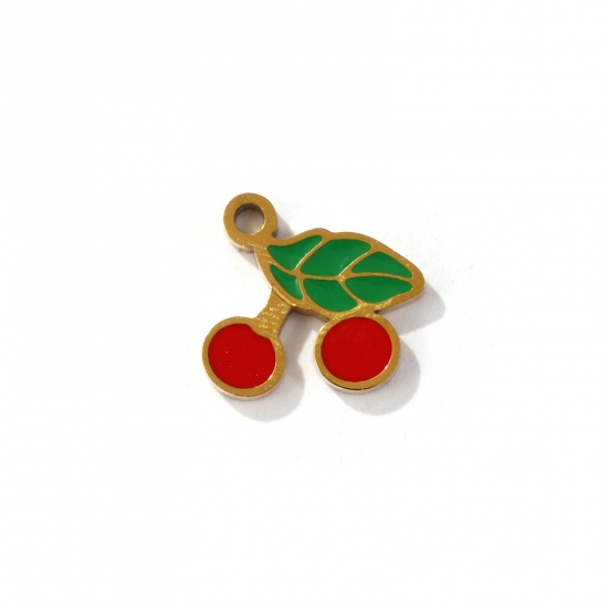 Image de 2 Pcs Breloques en 304 Acier Inoxydable Revêtement sous Vide PVD Respectueux de l'Environnement Collection Végétale Plaqué Or 18K Rouge & Vert Cerise Émail 12mm x 11mm