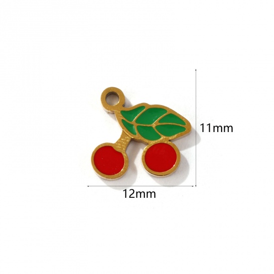 Image de 2 Pcs Breloques en 304 Acier Inoxydable Revêtement sous Vide PVD Respectueux de l'Environnement Collection Végétale Plaqué Or 18K Rouge & Vert Cerise Émail 12mm x 11mm