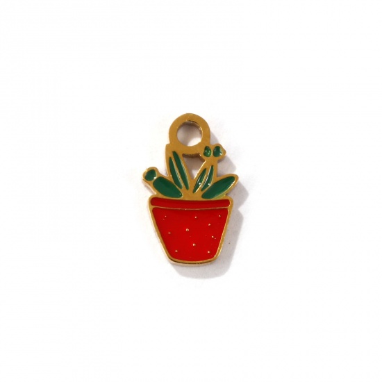 Image de 2 Pcs Breloques en 304 Acier Inoxydable Revêtement sous Vide PVD Respectueux de l'Environnement Collection Végétale Plaqué Or 18K Rouge & Vert Plante en Pot Émail 11mm x 7mm
