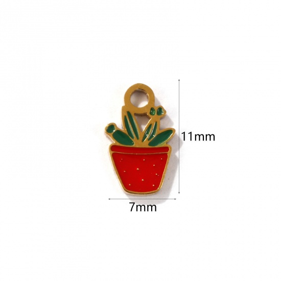 Image de 2 Pcs Breloques en 304 Acier Inoxydable Revêtement sous Vide PVD Respectueux de l'Environnement Collection Végétale Plaqué Or 18K Rouge & Vert Plante en Pot Émail 11mm x 7mm