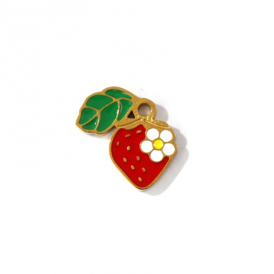 Image de 2 Pcs Breloques en 304 Acier Inoxydable Revêtement sous Vide PVD Respectueux de l'Environnement Collection Végétale Plaqué Or 18K Rouge Fraises Émail 12mm x 12mm