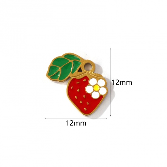 Image de 2 Pcs Breloques en 304 Acier Inoxydable Revêtement sous Vide PVD Respectueux de l'Environnement Collection Végétale Plaqué Or 18K Rouge Fraises Émail 12mm x 12mm