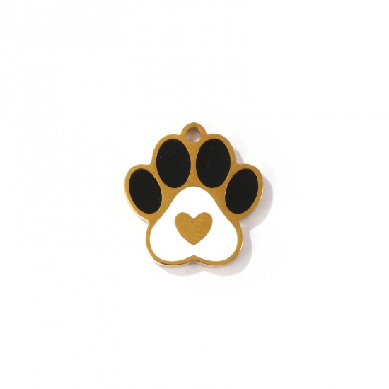 Picture of 2 PCs Eco-friendly PVD Vacuum Plating 304 Stainless Steel Pet Memorial Charms 18K Gold Plated Paw Print Enamel 16mm x 15mm