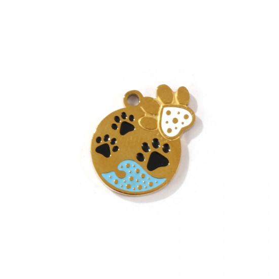 Picture of 2 PCs Eco-friendly PVD Vacuum Plating 304 Stainless Steel Pet Memorial Charms 18K Gold Plated Round Paw Print Enamel 15mm x 13mm