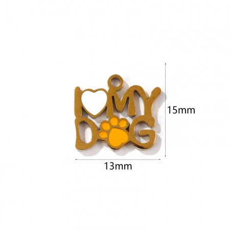 Immagine di 2 Pz Placcatura Sottovuoto PVD Ecologica 304 Acciaio Inossidabile Memoriale dell'animale Ciondoli Placcato Oro 18K Cuore Orma di Zampa Smalto 15mm x 13mm
