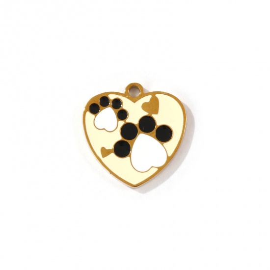 Picture of 2 PCs Eco-friendly PVD Vacuum Plating 304 Stainless Steel Pet Memorial Charms 18K Gold Plated Heart Paw Print Enamel 15.5mm x 15mm
