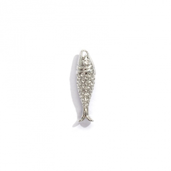 2 個 エコフレンドリー 真鍮 海ジュエリー チャーム リアルプラチナメッキ 魚 3D クリア ジルコン 20.5mm x 6mm、 の画像