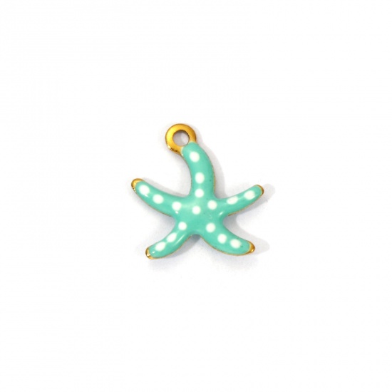 5 PCs Eco-friendly PVD Vacuum Plating 304 Stainless Steel Ocean Jewelry Charms 18K Real Gold Plated Mint Green Enamel Star Fish Spot Mini 10.5mm x 10mm の画像