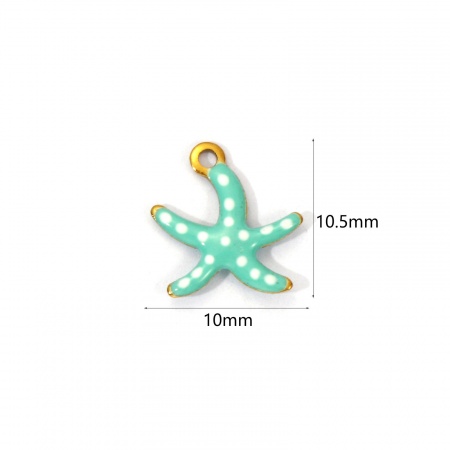 Picture of 5 PCs Eco-friendly PVD Vacuum Plating Waterproof Anti-Tarnish Hypoallergenic 304 Stainless Steel Ocean Jewelry Charms 18K Real Gold Plated Mint Green Enamel Starfish Spot Mini 10.5mm x 10mm