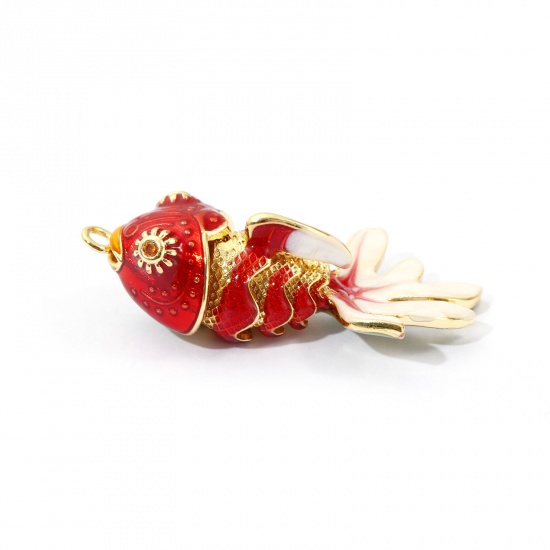 Image de 1 Piece Eco-friendly Brass Ocean Jewelry Pendants 18K Real Gold Plated Red Enamel Fish Animal Movable Orange Cubic Zirconia 3.6cm x 1.8cm