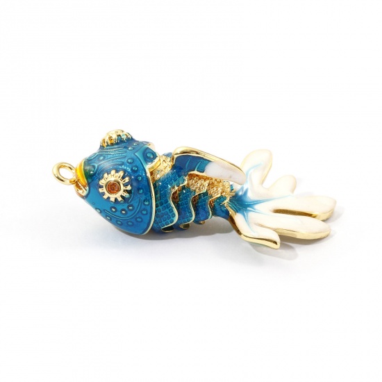 Image de 1 Piece Eco-friendly Brass Ocean Jewelry Pendants 18K Real Gold Plated Blue Enamel Fish Animal Movable Orange Cubic Zirconia 3.6cm x 1.8cm