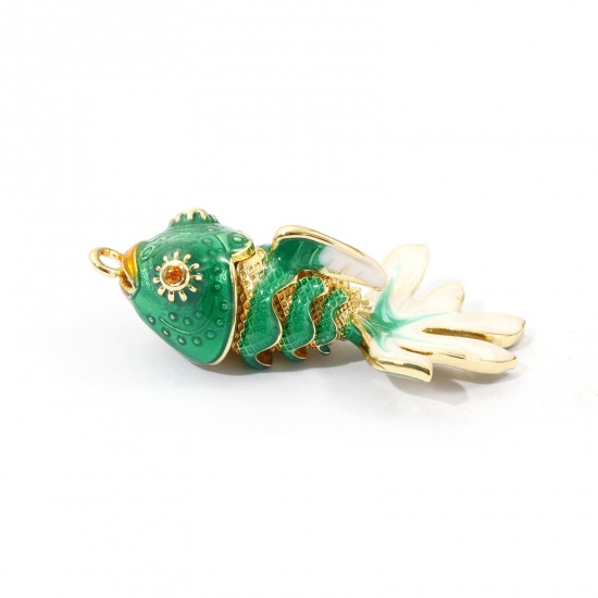 Image de 1 Piece Eco-friendly Brass Ocean Jewelry Pendants 18K Real Gold Plated Green Enamel Fish Animal Movable Orange Cubic Zirconia 3.6cm x 1.8cm