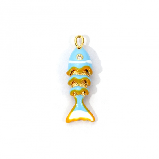 1 Piece Eco-friendly Brass Ocean Jewelry Charms 18K Real Gold Plated Blue Enamel Fish Animal Movable Clear Cubic Zirconia 28mm x 9mm の画像