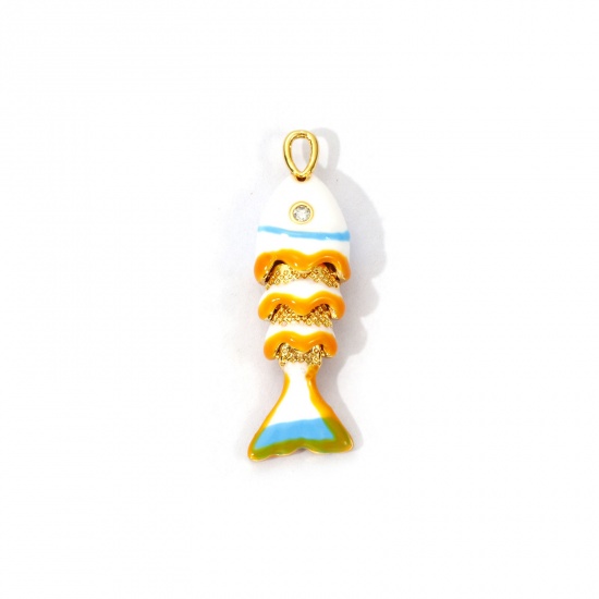1 Piece Eco-friendly Brass Ocean Jewelry Charms 18K Real Gold Plated White Enamel Fish Animal Movable Clear Cubic Zirconia 28mm x 9mm の画像