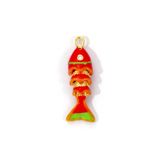 1 Piece Eco-friendly Brass Ocean Jewelry Charms 18K Real Gold Plated Red Enamel Fish Animal Movable Clear Cubic Zirconia 28mm x 9mm の画像