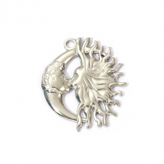 2 PCs 304 Stainless Steel Galaxy Pendants Silver Tone Sun Moon Face 3.3cm x 2.8cm の画像