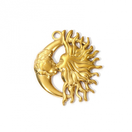 2 PCs Eco-friendly PVD Vacuum Plating 304 Stainless Steel Galaxy Pendants 18K Gold Plated Sun Moon Face 3.3cm x 2.8cm の画像