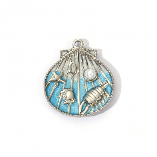 Picture of 2 PCs Eco-friendly PVD Vacuum Plating 304 Stainless Steel Ocean Jewelry Charms Silver Tone Blue Pearlized Shell Star Fish Enamel 29mm x 25mm