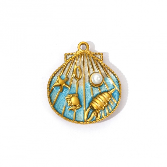 Picture of 2 PCs Eco-friendly PVD Vacuum Plating 304 Stainless Steel Ocean Jewelry Charms 18K Gold Plated Blue Pearlized Shell Star Fish Enamel 29mm x 25mm