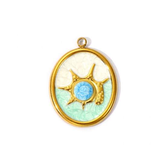 Picture of 2 PCs Eco-friendly PVD Vacuum Plating 304 Stainless Steel Ocean Jewelry Charms 18K Gold Plated Green Pearlized Oval Conch Sea Snail Enamel 26mm x 19mm