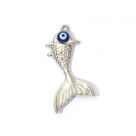 Picture of 2 PCs Eco-friendly PVD Vacuum Plating 304 Stainless Steel Ocean Jewelry Pendants Silver Tone Fish Animal Evil Eye 3D 3.3cm x 2.1cm