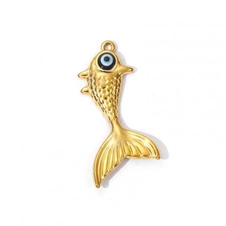 Picture of 2 PCs Eco-friendly PVD Vacuum Plating 304 Stainless Steel Ocean Jewelry Pendants 18K Gold Plated Fish Animal Evil Eye 3D 3.3cm x 2.1cm