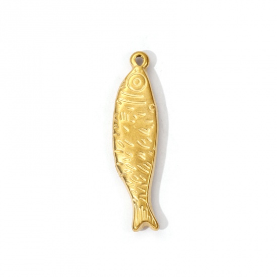 Imagen de 2 Unidades Recubrimiento al Vacío PVD Ecológico 304 Acero Inoxidable Joyería del océano Colgantes Chapado en Oro de 18K Pez 3D 4.1cm x 1cm