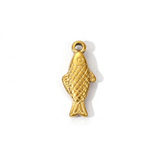 Imagen de 2 Unidades Recubrimiento al Vacío PVD Ecológico 304 Acero Inoxidable Joyería del océano Colgantes Chapado en Oro de 18K Pez 3D 21mm x 9mm
