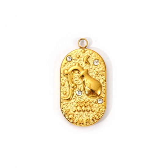 Immagine di 1 Piece Eco-friendly PVD Vacuum Plating 304 Stainless Steel Charms 18K Real Gold Plated Oval Aquarius Sign Of Zodiac Constellations Clear Cubic Zirconia 25mm x 13mm