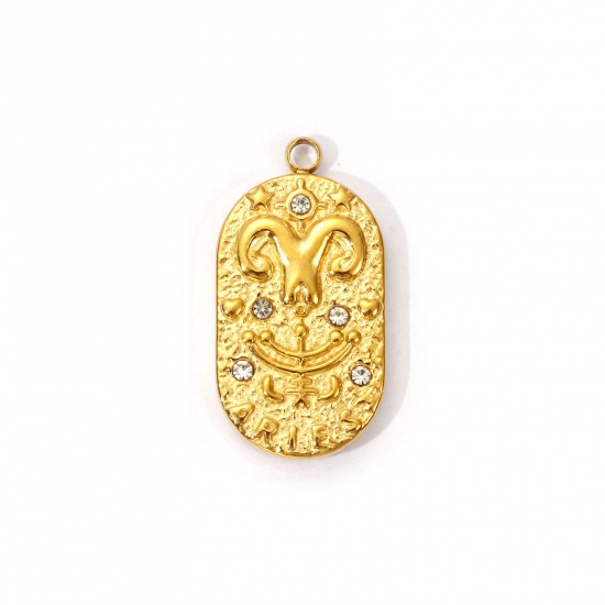 Immagine di 1 Piece Eco-friendly PVD Vacuum Plating 304 Stainless Steel Charms 18K Real Gold Plated Oval Aries Sign Of Zodiac Constellations Clear Cubic Zirconia 25mm x 13mm