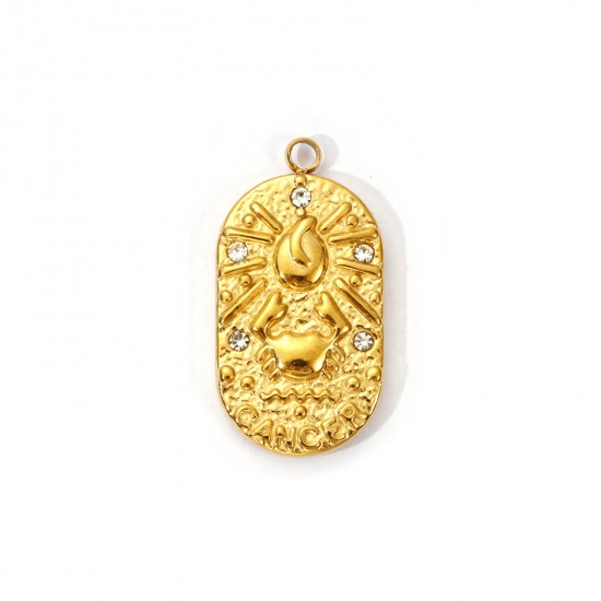 Immagine di 1 Piece Eco-friendly PVD Vacuum Plating 304 Stainless Steel Charms 18K Real Gold Plated Oval Cancer Sign Of Zodiac Constellations Clear Cubic Zirconia 25mm x 13mm