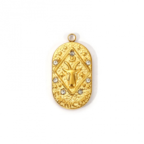 Immagine di 1 Piece Eco-friendly PVD Vacuum Plating 304 Stainless Steel Charms 18K Real Gold Plated Oval Capricornus Sign Of Zodiac Constellations Clear Cubic Zirconia 25mm x 13mm