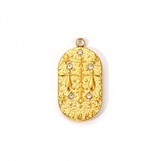 Immagine di 1 Piece Eco-friendly PVD Vacuum Plating 304 Stainless Steel Charms 18K Real Gold Plated Oval Libra Sign Of Zodiac Constellations Clear Cubic Zirconia 25mm x 13mm