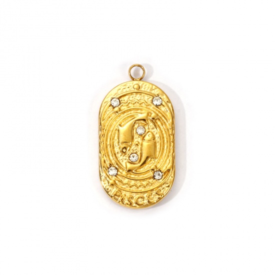 Immagine di 1 Piece Eco-friendly PVD Vacuum Plating 304 Stainless Steel Charms 18K Real Gold Plated Oval Pisces Sign Of Zodiac Constellations Clear Cubic Zirconia 25mm x 13mm