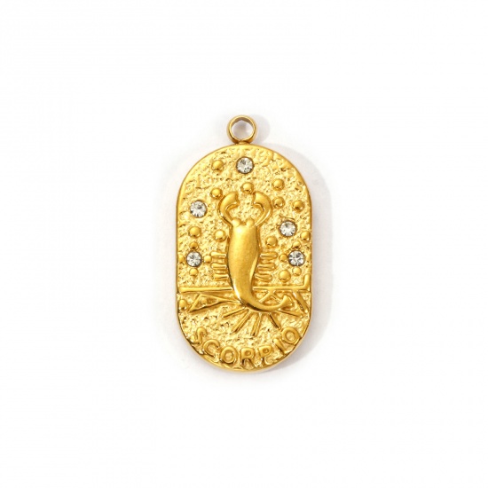 Immagine di 1 Piece Eco-friendly PVD Vacuum Plating 304 Stainless Steel Charms 18K Real Gold Plated Oval Scorpio Sign Of Zodiac Constellations Clear Cubic Zirconia 25mm x 13mm